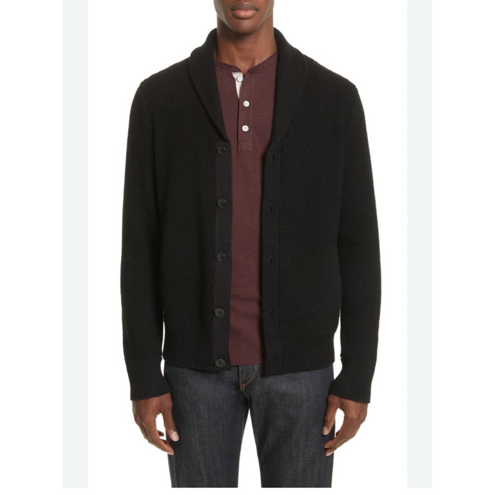 Rag & Bone Men’s Waffle Knit Shawl Collar Cardigan Sweater – Black XL